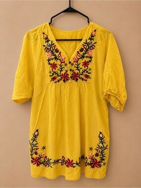 Sunny Yellow Embroidered V-Neck Tunic